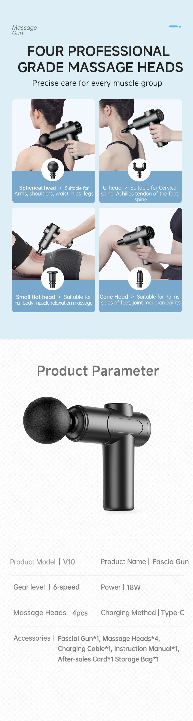 Massage Gun, Deep Tissue Massage for Athletes for Pain Relief, Percussion Massager with 6speeds 4 massge heads