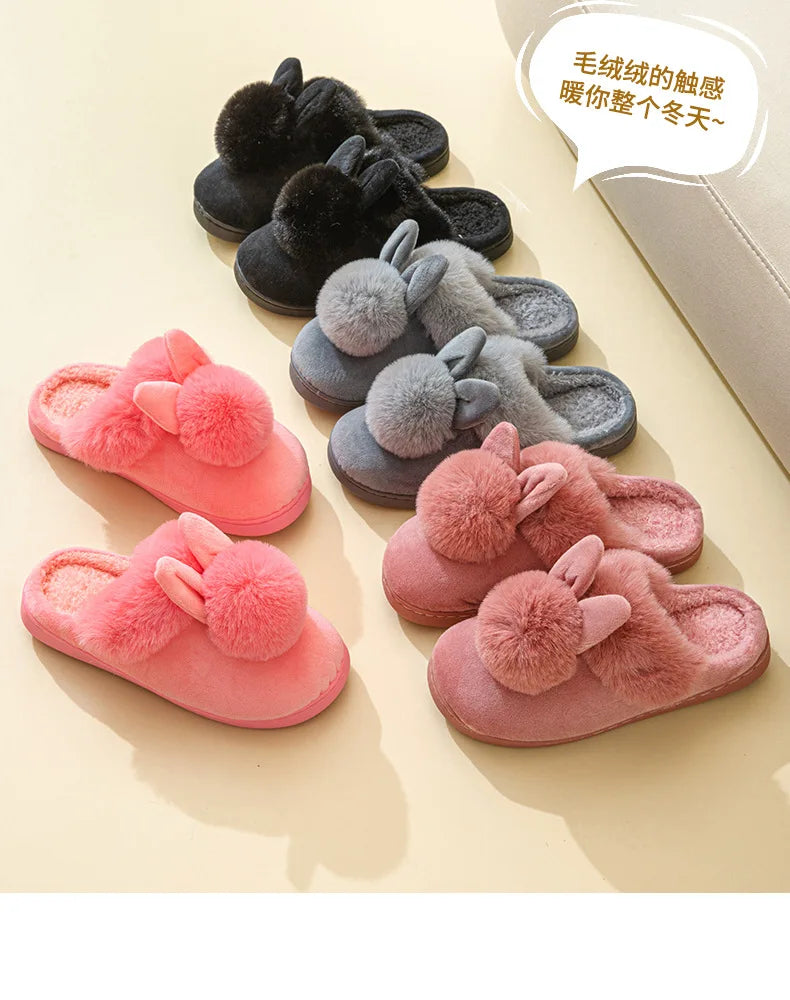Comwarm Women's Warm Fuzzy Slippers Long Ears Couple Winter Thickened Plush Slippers Indoor Comfort Fluffy Slippers Cotton Shoes