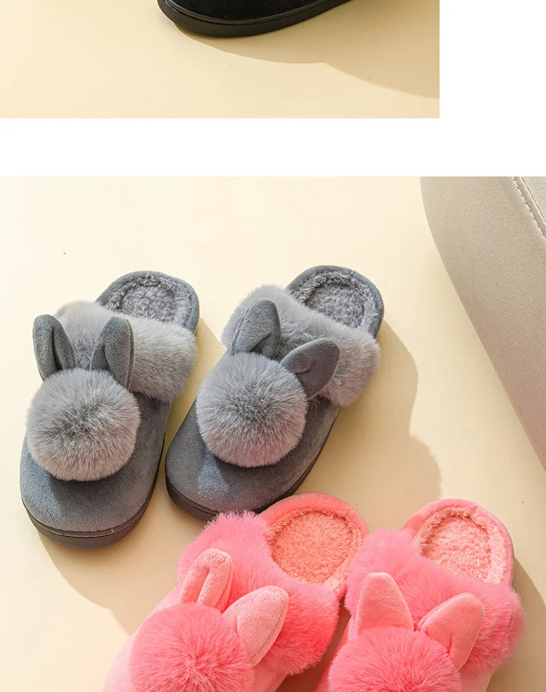 Comwarm Women's Warm Fuzzy Slippers Long Ears Couple Winter Thickened Plush Slippers Indoor Comfort Fluffy Slippers Cotton Shoes