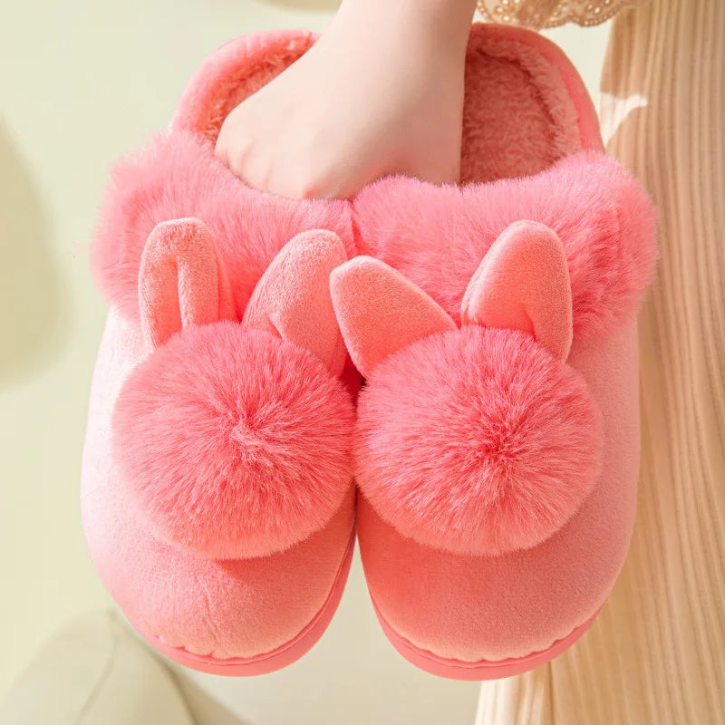 Comwarm Women's Warm Fuzzy Slippers Long Ears Couple Winter Thickened Plush Slippers Indoor Comfort Fluffy Slippers Cotton Shoes