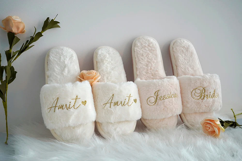 Customized Fluffy Slippers Wedding Bachelorette Party Gift Bridesmaid Open Toe Slippers Indoor Party Shoes Spa Plush Slippers