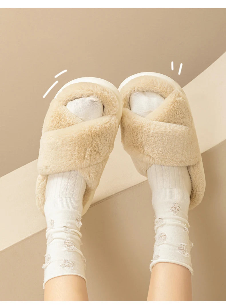 Casual Fluffy Slippers Women Home Flats Designer Winter Shoes Girls New Fashion Platform Slippers House Warm Footwear Large Size