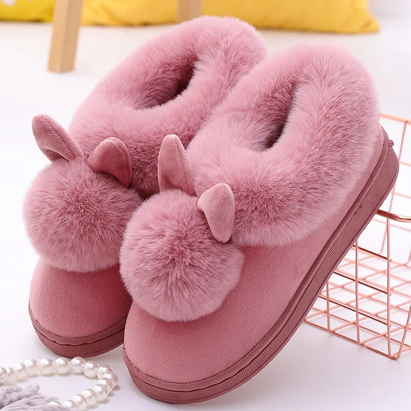 Comwarm Women's Warm Fuzzy Slippers Long Ears Couple Winter Thickened Plush Slippers Indoor Comfort Fluffy Slippers Cotton Shoes