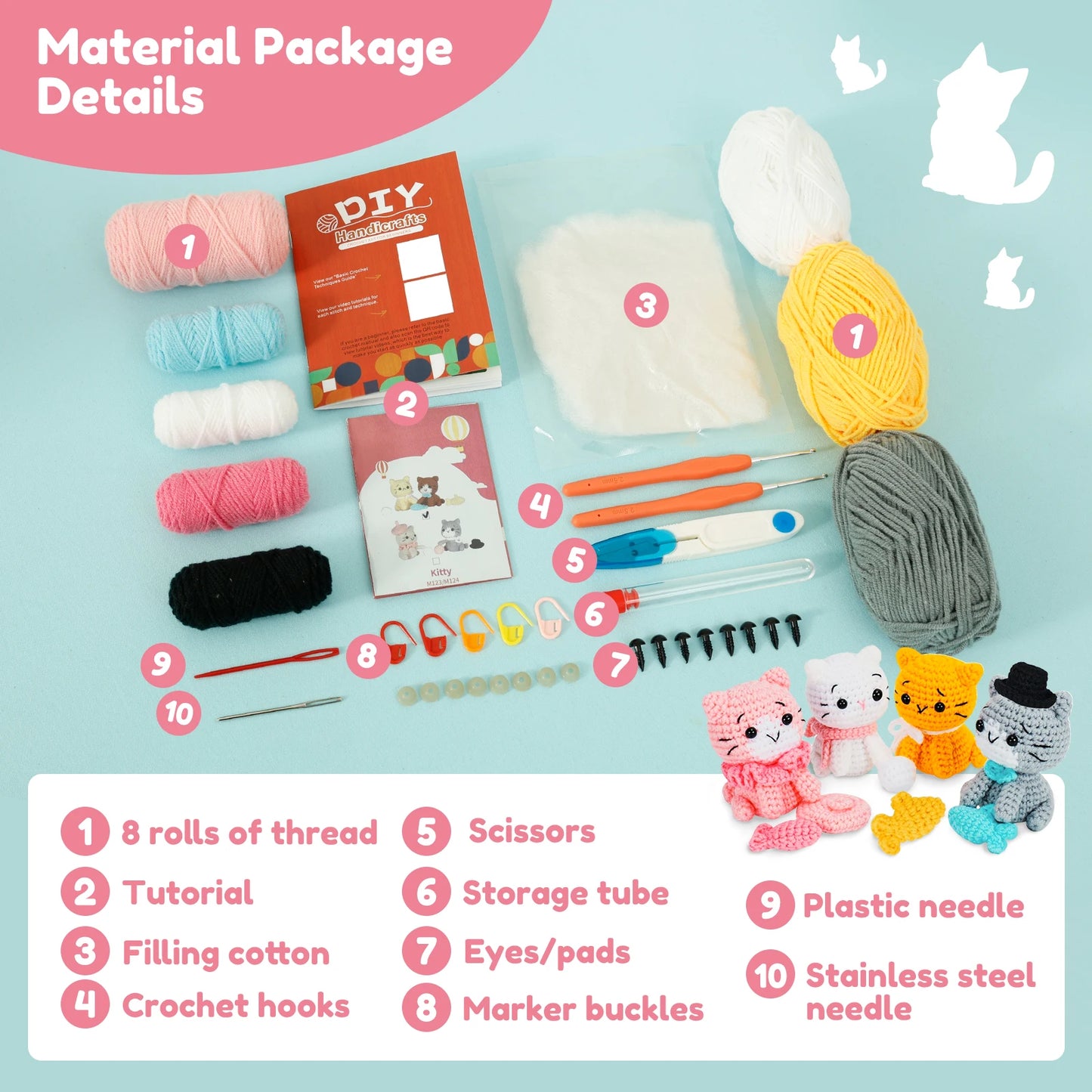 4Pcs Crochet Kit with Yarn Knitting Crochet Hook for Beginners Kids DIY Knitting Craft Kit Fun Cat Unfinished Material Package