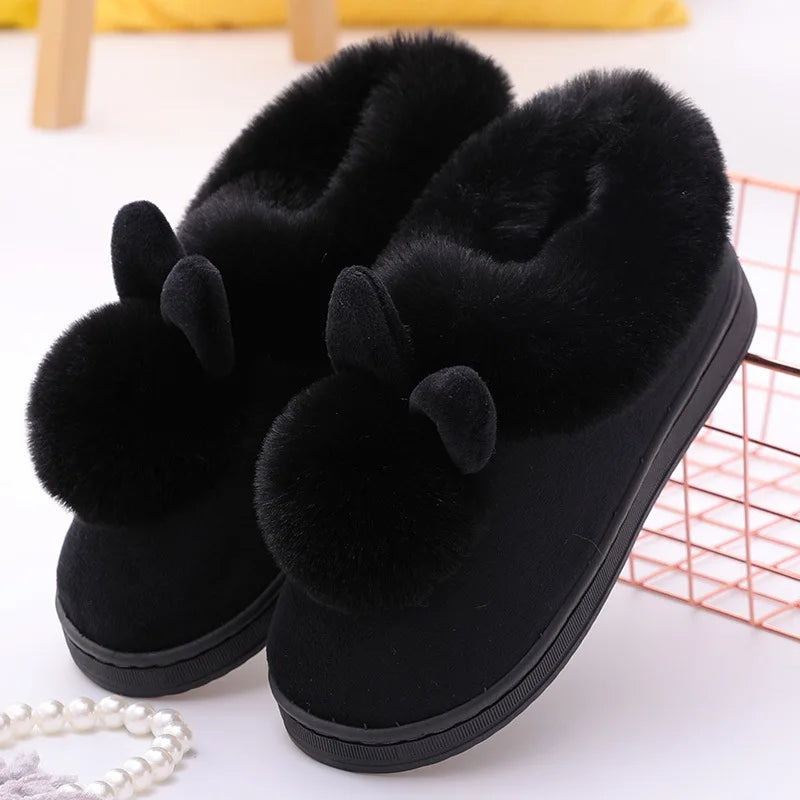 Comwarm Women's Warm Fuzzy Slippers Long Ears Couple Winter Thickened Plush Slippers Indoor Comfort Fluffy Slippers Cotton Shoes