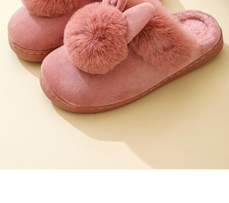 Comwarm Women's Warm Fuzzy Slippers Long Ears Couple Winter Thickened Plush Slippers Indoor Comfort Fluffy Slippers Cotton Shoes