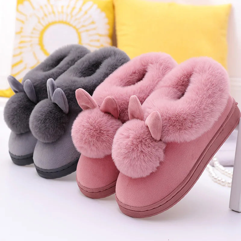 Comwarm Women's Warm Fuzzy Slippers Long Ears Couple Winter Thickened Plush Slippers Indoor Comfort Fluffy Slippers Cotton Shoes