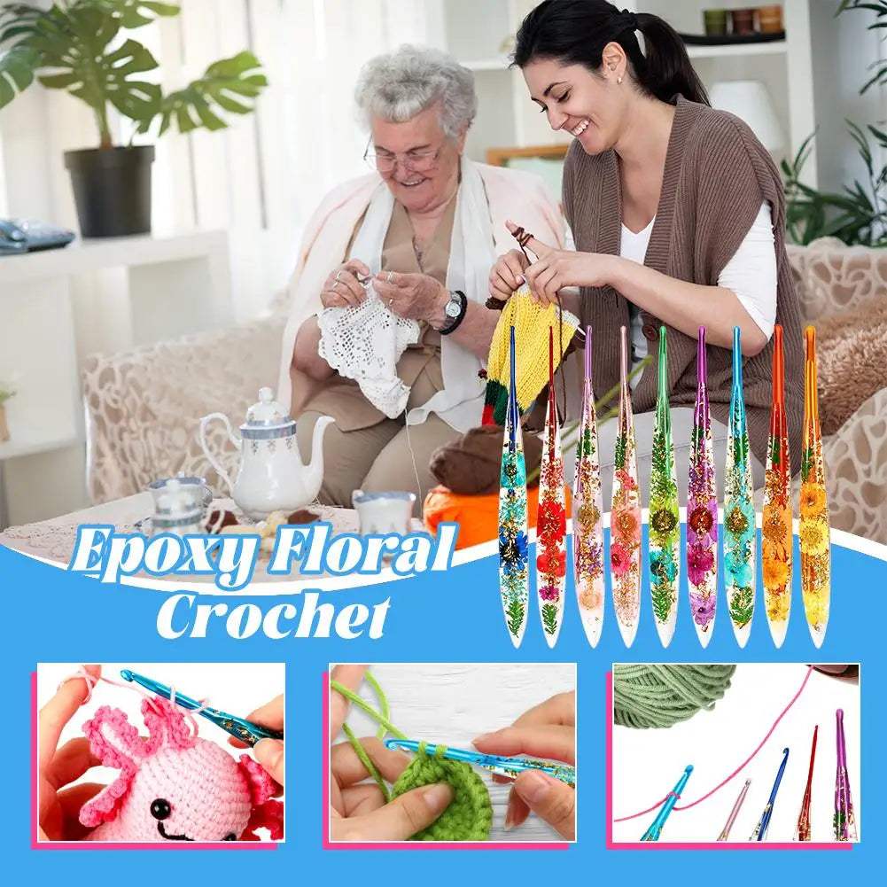 Crochet Hooks Ergonomic Crochet Needle with Floral Resin Grips Non-slip Knitting Tool Craft Supplies for Beginners Women Adults