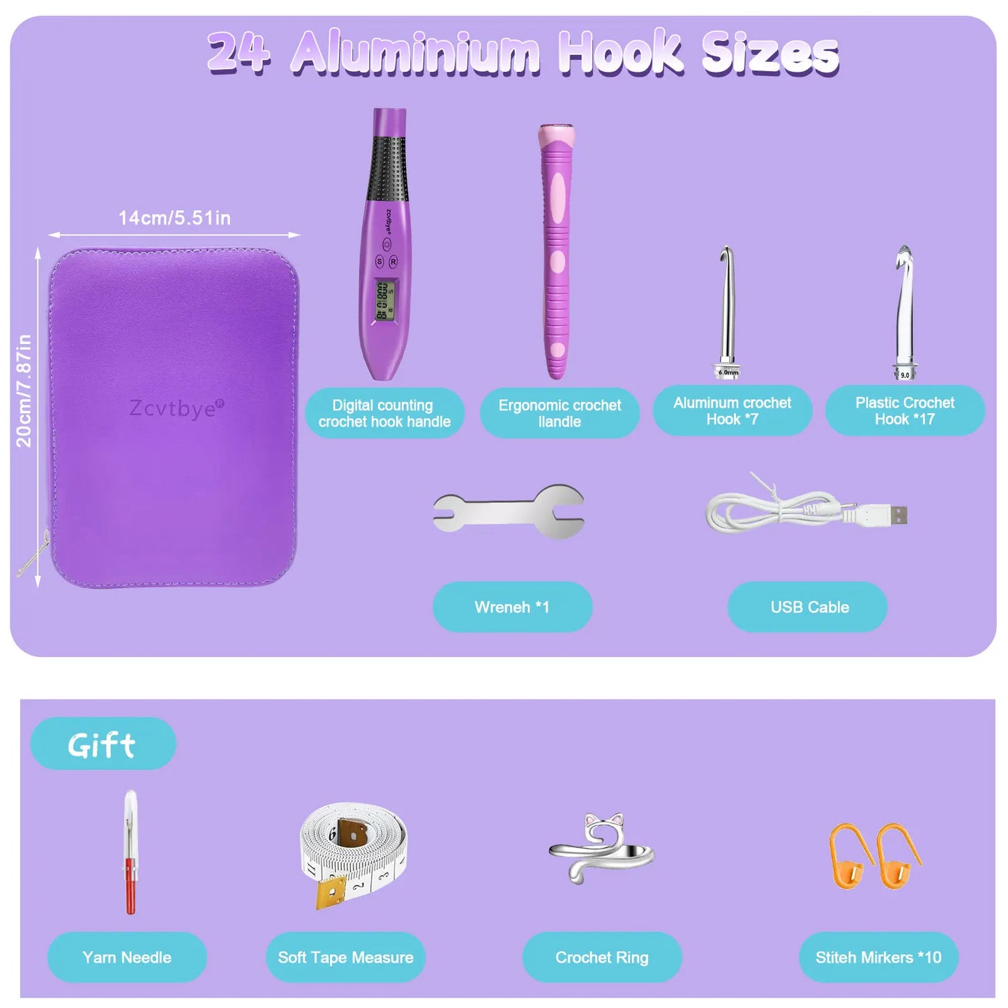 24pcs Crochet Hook Set with Counter LED Light & Stitch Ergonomic knitting needle Sewing Tools Set DIY Weaving Sweater Tool