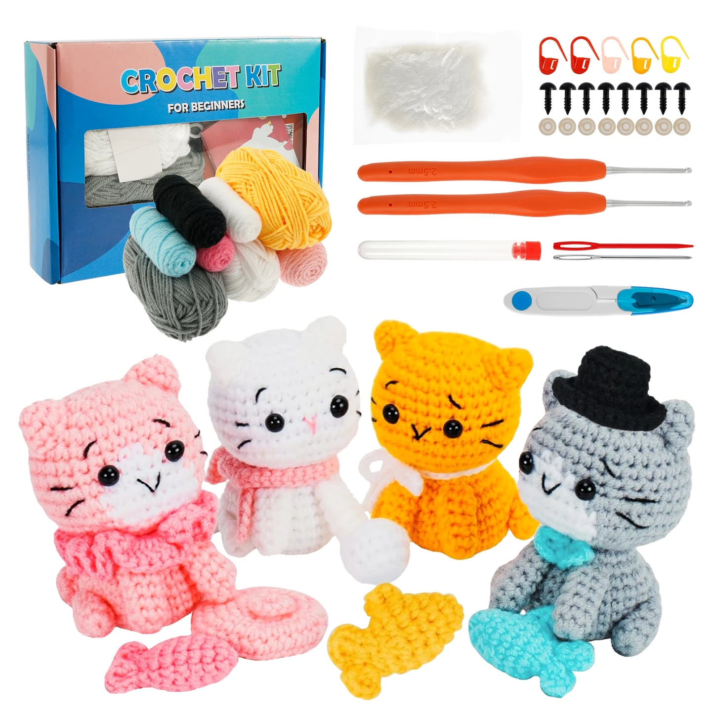 4Pcs Crochet Kit with Yarn Knitting Crochet Hook for Beginners Kids DIY Knitting Craft Kit Fun Cat Unfinished Material Package