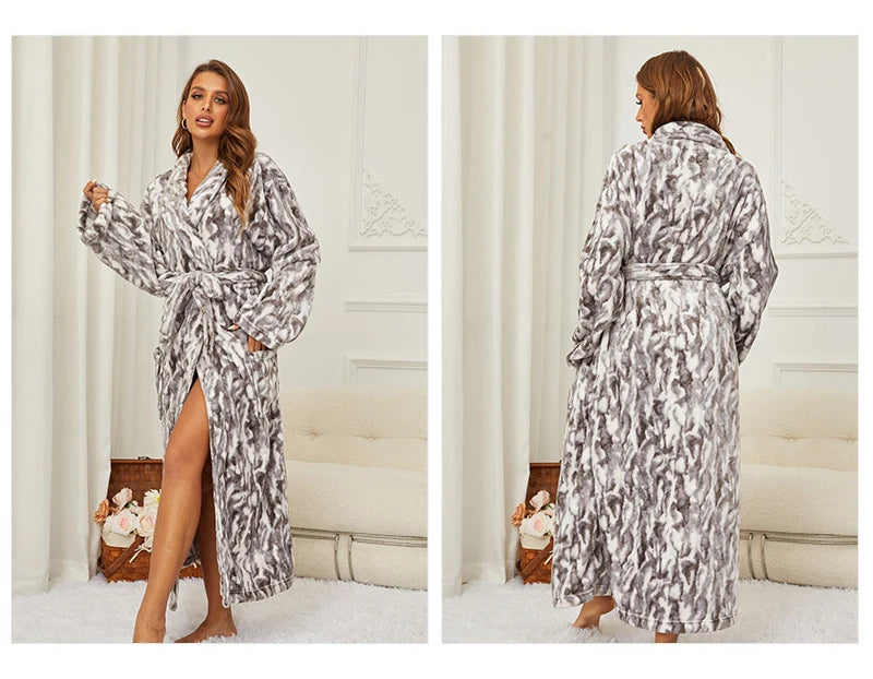 Flannel Long Robe for Women Autumn Winter Fashion Bathrobe Homewear Loose Casual Nightgown Sleepwear Coral Fleece Loungewear