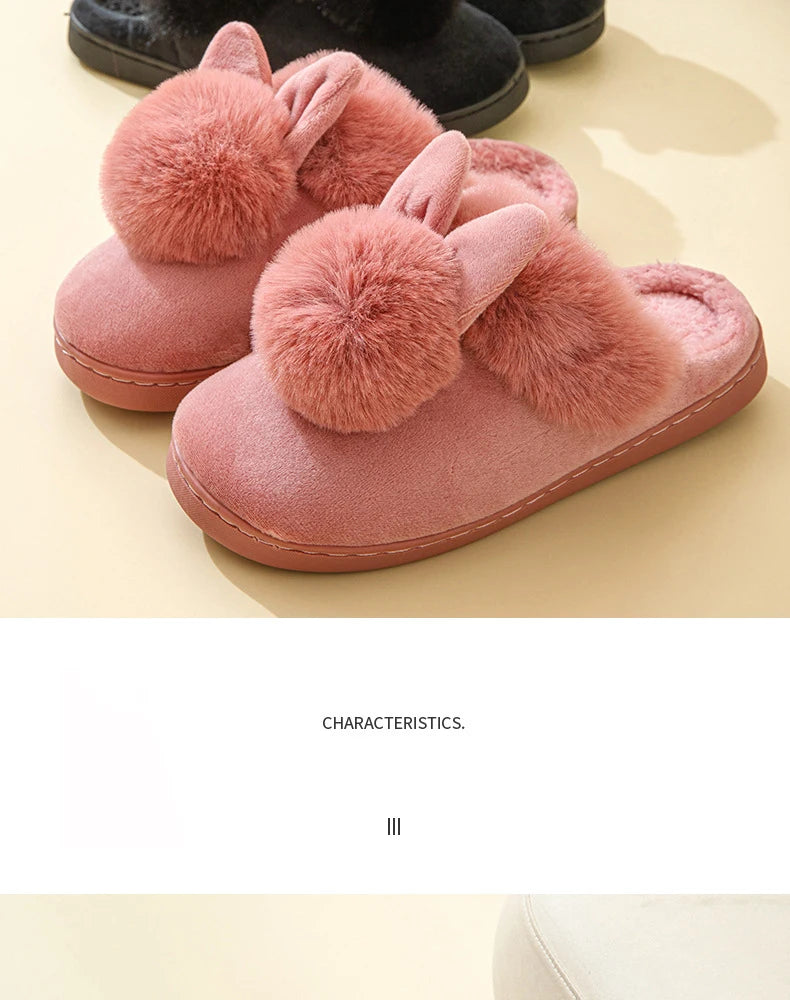 Comwarm Women's Warm Fuzzy Slippers Long Ears Couple Winter Thickened Plush Slippers Indoor Comfort Fluffy Slippers Cotton Shoes