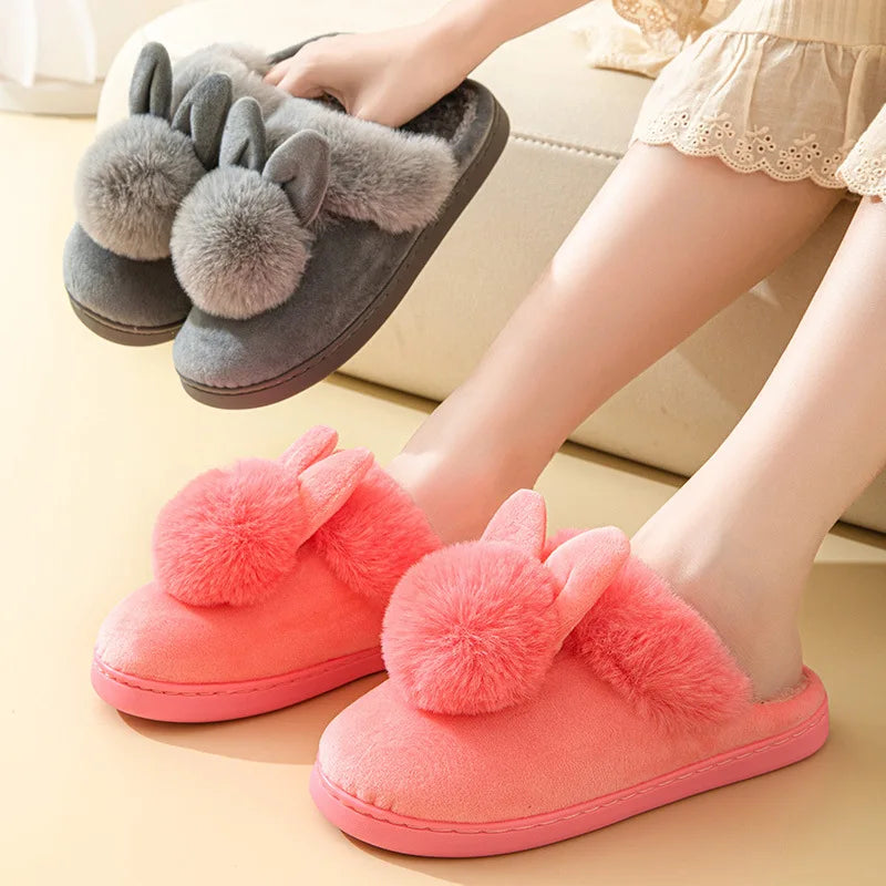 Comwarm Women's Warm Fuzzy Slippers Long Ears Couple Winter Thickened Plush Slippers Indoor Comfort Fluffy Slippers Cotton Shoes