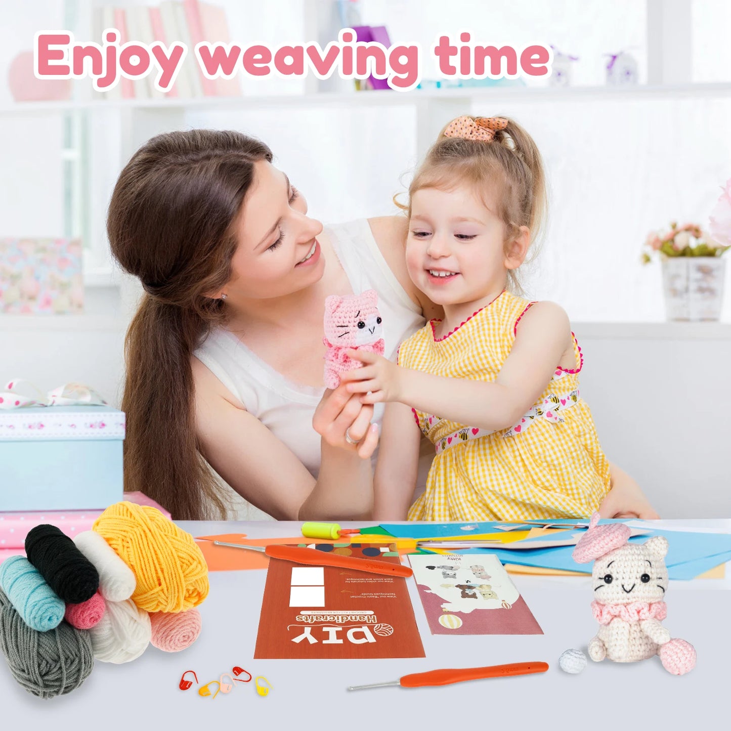 4Pcs Crochet Kit with Yarn Knitting Crochet Hook for Beginners Kids DIY Knitting Craft Kit Fun Cat Unfinished Material Package