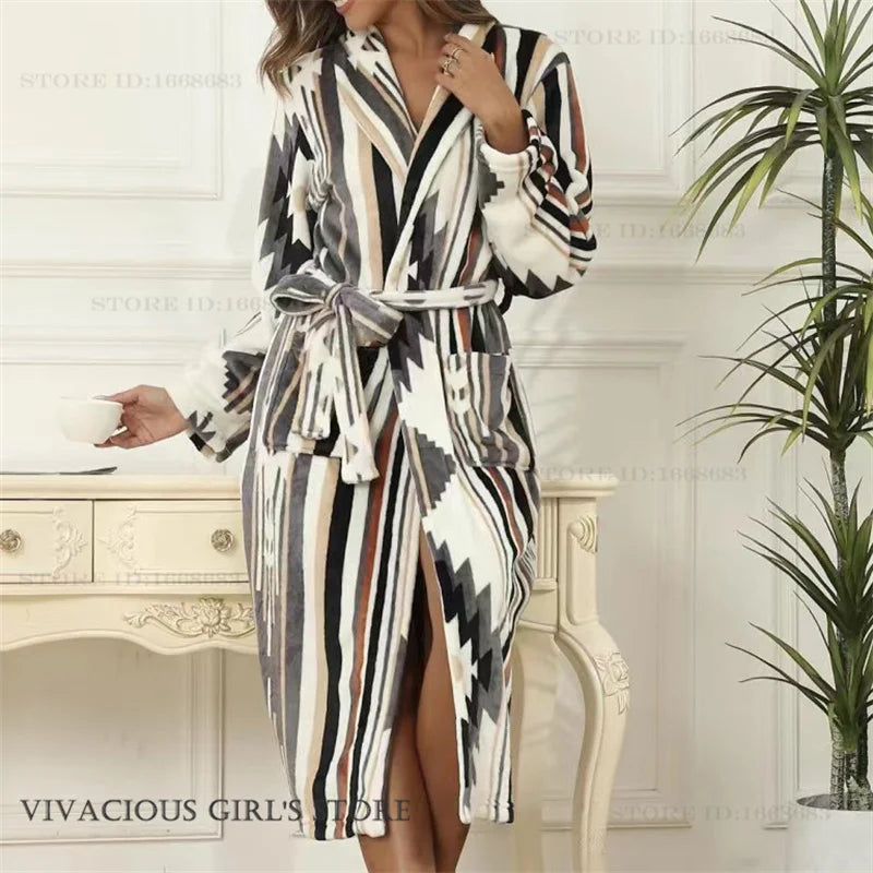 Flannel Long Robe for Women Autumn Winter Fashion Bathrobe Homewear Loose Casual Nightgown Sleepwear Coral Fleece Loungewear