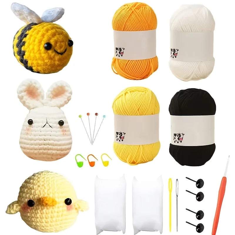 3 Crochet Kits - 3 Crochet Kits for Beginners/Experts - Bunny, Chick, Bee for adult beginners, includes enough yarn, crochet hook, needle, and stitch counters