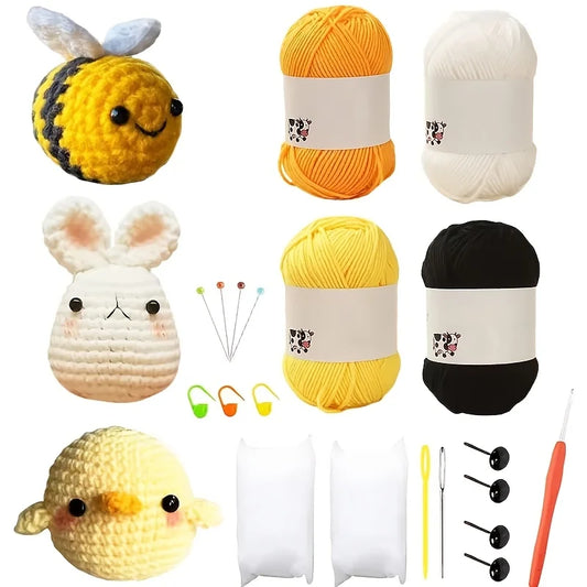 3 Crochet Kits - 3 Crochet Kits for Beginners/Experts - Bunny, Chick, Bee for adult beginners, includes enough yarn, crochet hook, needle, and stitch counters