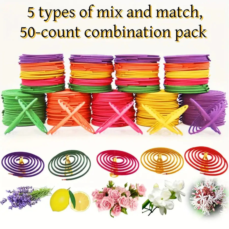 50pcs Mixed Fragrance Incense Sticks, Spiral Shape, Lemon, Rose, Jasmine, Lavender, Orange, 3-4 Hours Burn Time, Mild Fragrance,
