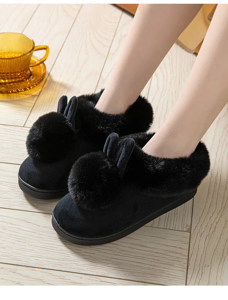 Comwarm Women's Warm Fuzzy Slippers Long Ears Couple Winter Thickened Plush Slippers Indoor Comfort Fluffy Slippers Cotton Shoes