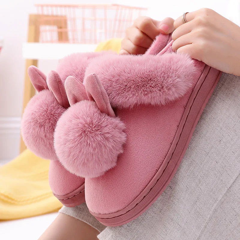 Comwarm Women's Warm Fuzzy Slippers Long Ears Couple Winter Thickened Plush Slippers Indoor Comfort Fluffy Slippers Cotton Shoes