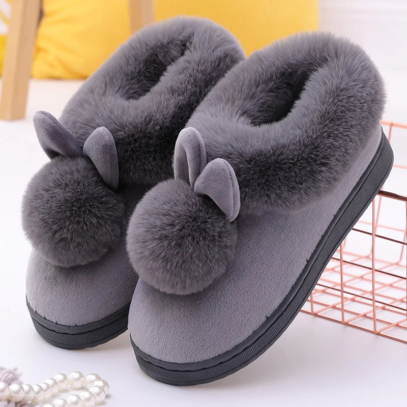 Comwarm Women's Warm Fuzzy Slippers Long Ears Couple Winter Thickened Plush Slippers Indoor Comfort Fluffy Slippers Cotton Shoes
