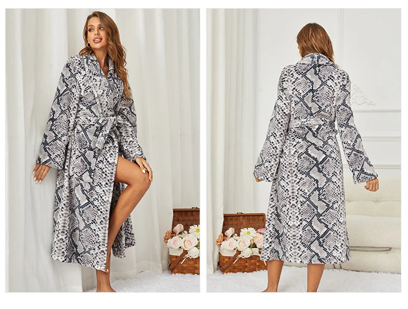 Flannel Long Robe for Women Autumn Winter Fashion Bathrobe Homewear Loose Casual Nightgown Sleepwear Coral Fleece Loungewear