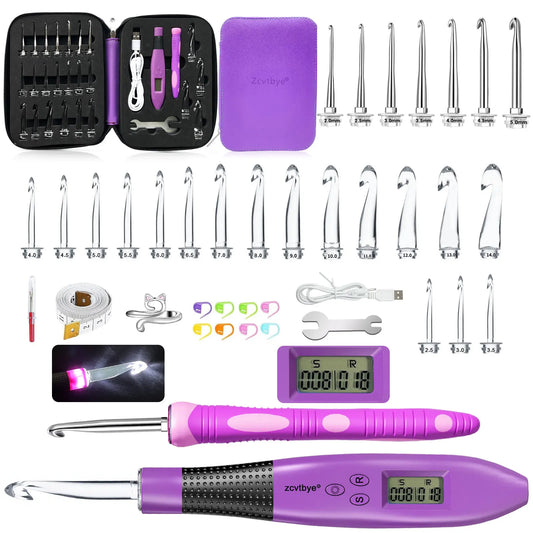 24pcs Crochet Hook Set with Counter LED Light & Stitch Ergonomic knitting needle Sewing Tools Set DIY Weaving Sweater Tool