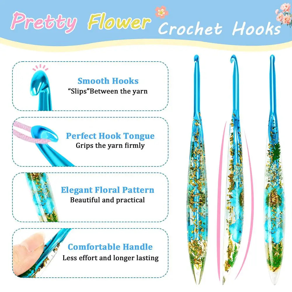 Crochet Hooks Ergonomic Crochet Needle with Floral Resin Grips Non-slip Knitting Tool Craft Supplies for Beginners Women Adults