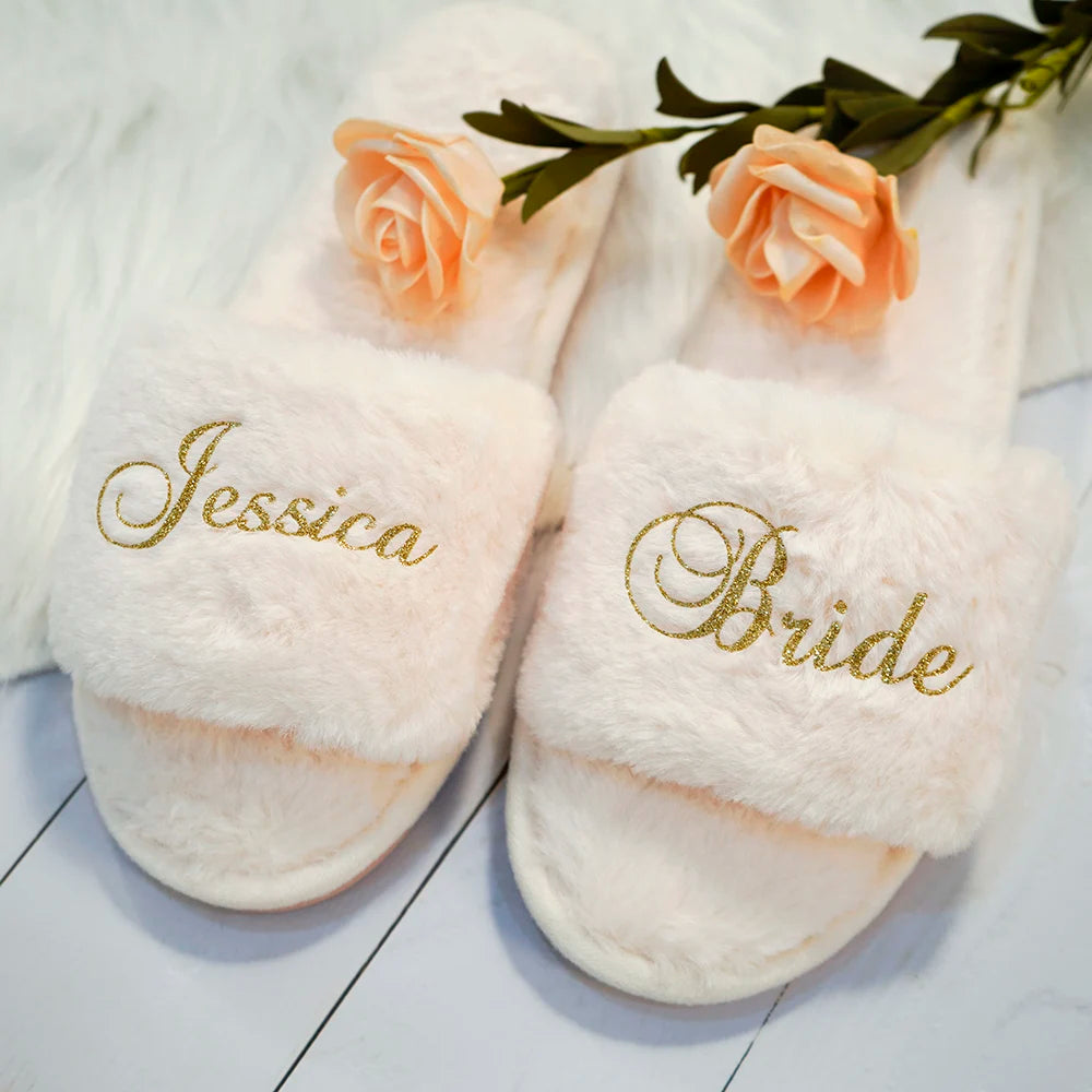 Customized Fluffy Slippers Wedding Bachelorette Party Gift Bridesmaid Open Toe Slippers Indoor Party Shoes Spa Plush Slippers