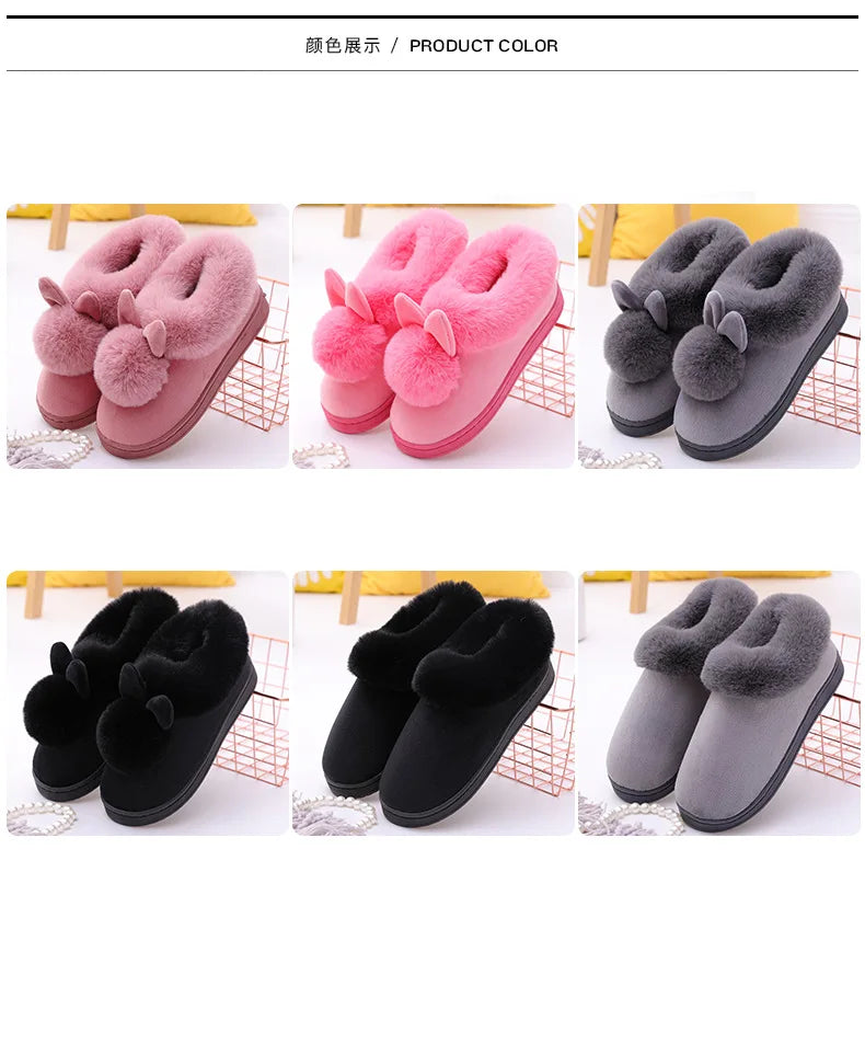 Comwarm Women's Warm Fuzzy Slippers Long Ears Couple Winter Thickened Plush Slippers Indoor Comfort Fluffy Slippers Cotton Shoes