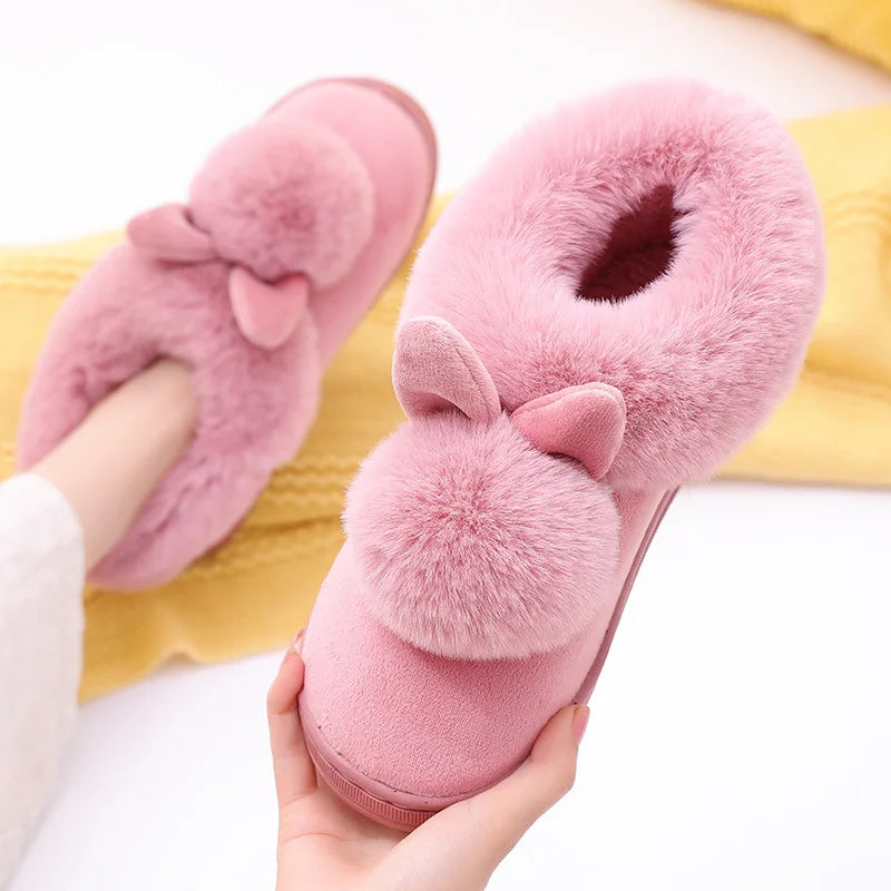 Comwarm Women's Warm Fuzzy Slippers Long Ears Couple Winter Thickened Plush Slippers Indoor Comfort Fluffy Slippers Cotton Shoes