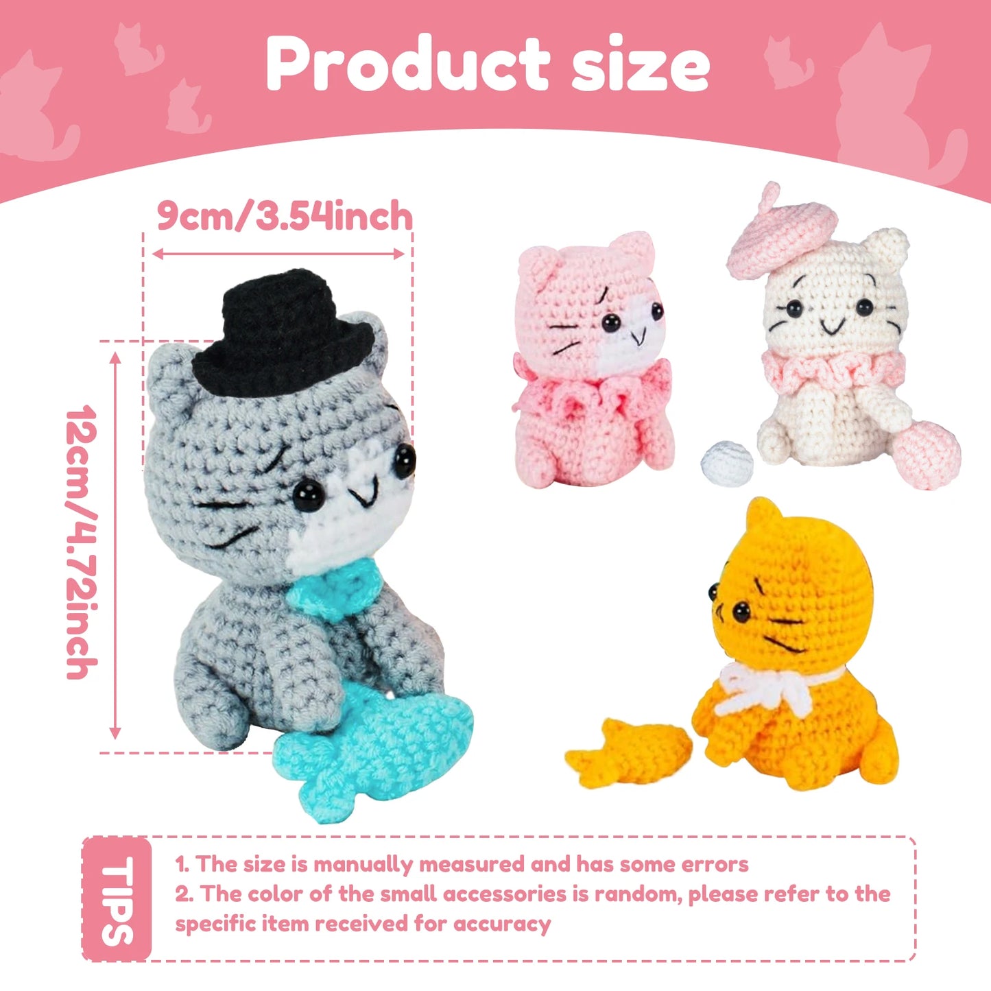 4Pcs Crochet Kit with Yarn Knitting Crochet Hook for Beginners Kids DIY Knitting Craft Kit Fun Cat Unfinished Material Package