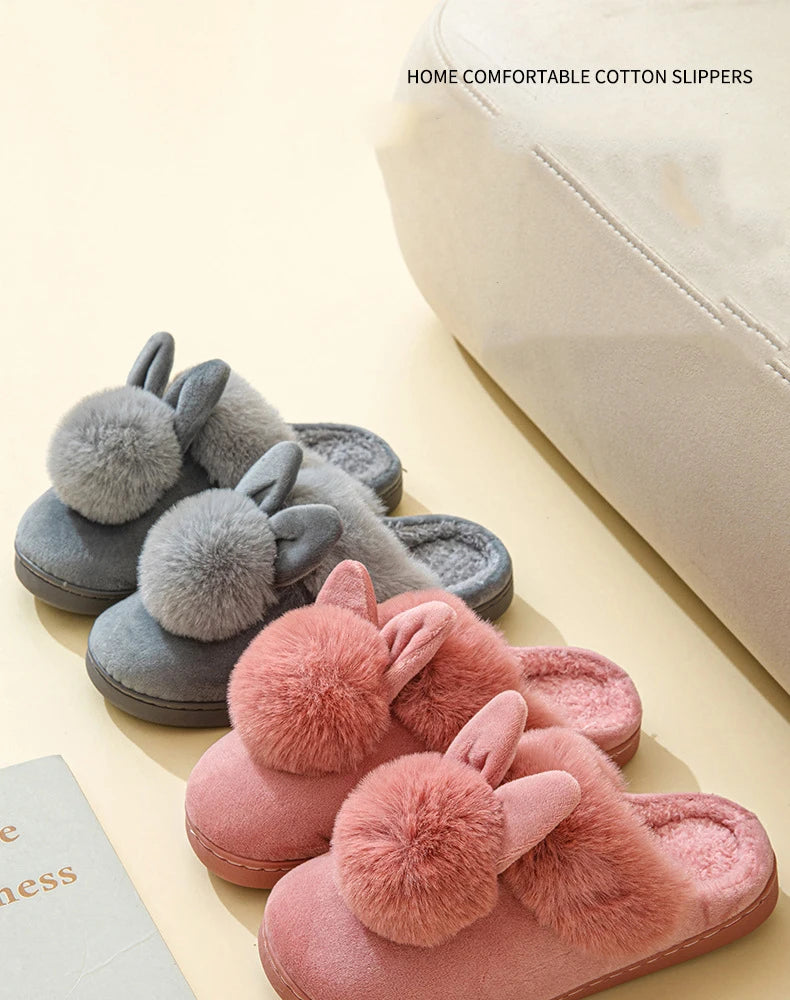 Comwarm Women's Warm Fuzzy Slippers Long Ears Couple Winter Thickened Plush Slippers Indoor Comfort Fluffy Slippers Cotton Shoes