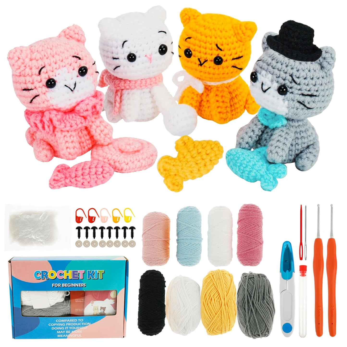4Pcs Crochet Kit with Yarn Knitting Crochet Hook for Beginners Kids DIY Knitting Craft Kit Fun Cat Unfinished Material Package