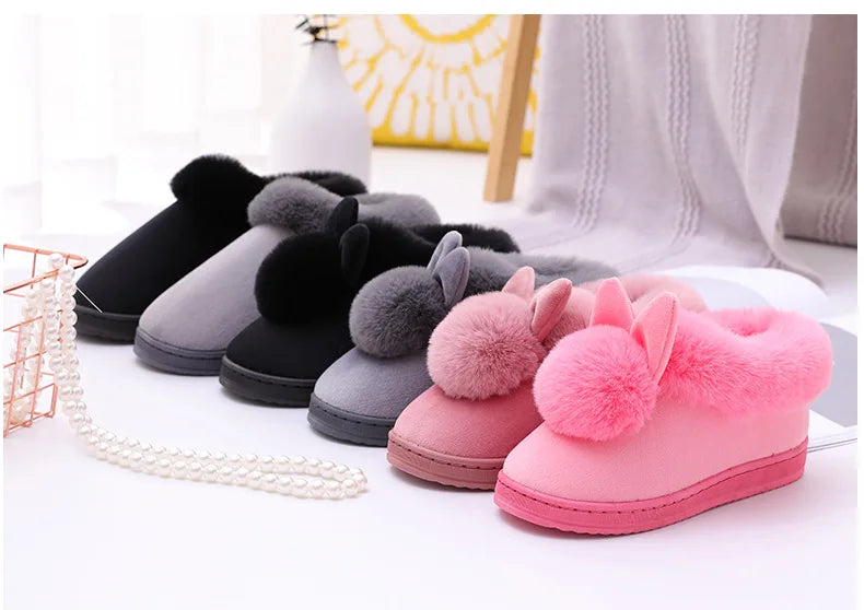 Comwarm Women's Warm Fuzzy Slippers Long Ears Couple Winter Thickened Plush Slippers Indoor Comfort Fluffy Slippers Cotton Shoes