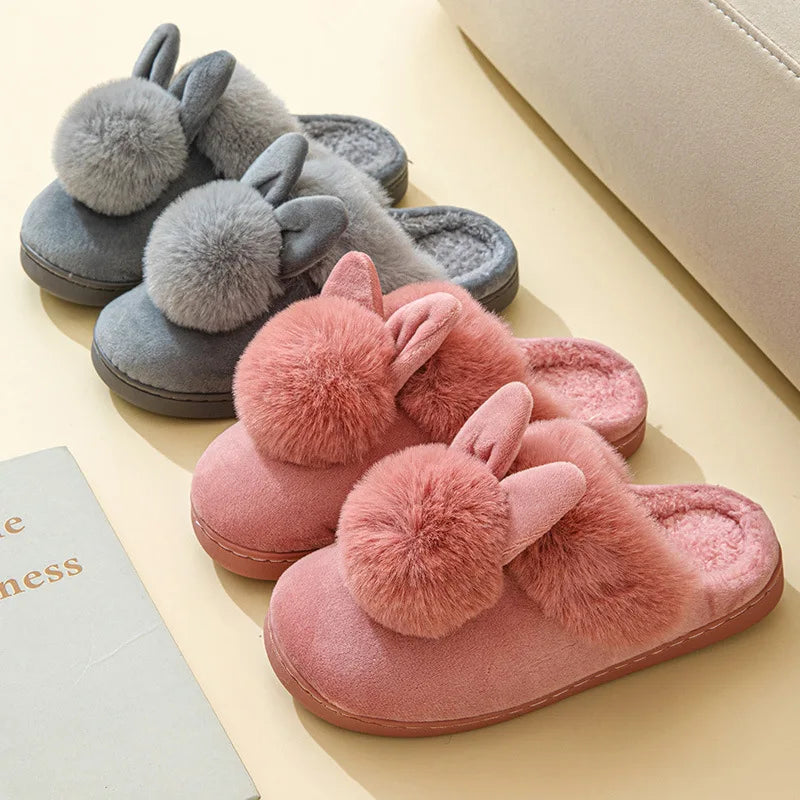 Comwarm Women's Warm Fuzzy Slippers Long Ears Couple Winter Thickened Plush Slippers Indoor Comfort Fluffy Slippers Cotton Shoes