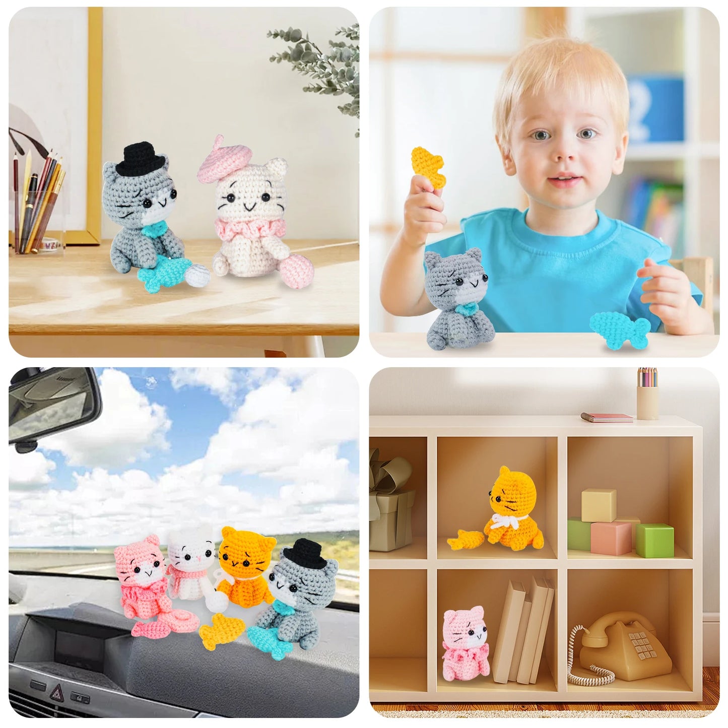 4Pcs Crochet Kit with Yarn Knitting Crochet Hook for Beginners Kids DIY Knitting Craft Kit Fun Cat Unfinished Material Package