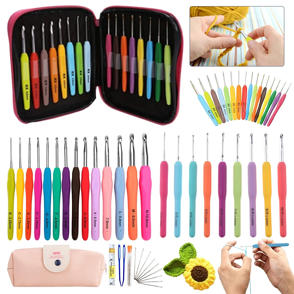9/14/16PCS Crochet Hooks Kits with Storage Bag Soft Handle Crochet Needles Yarn Weave Knitting Needles Set DIY Weaving Tool