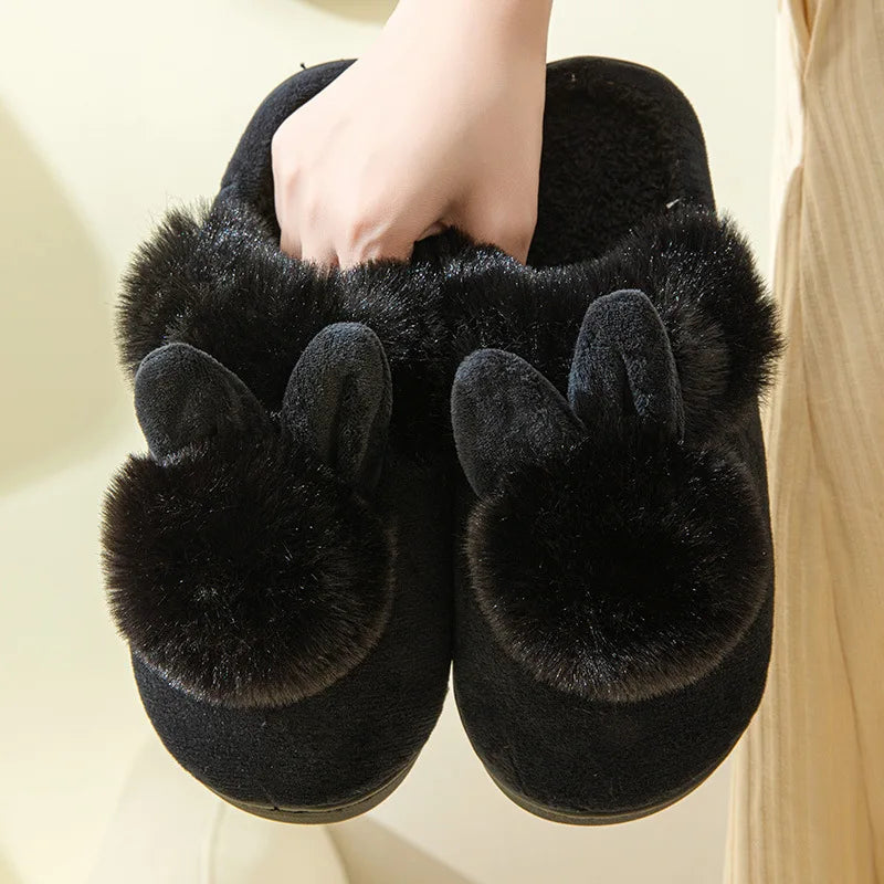 Comwarm Women's Warm Fuzzy Slippers Long Ears Couple Winter Thickened Plush Slippers Indoor Comfort Fluffy Slippers Cotton Shoes