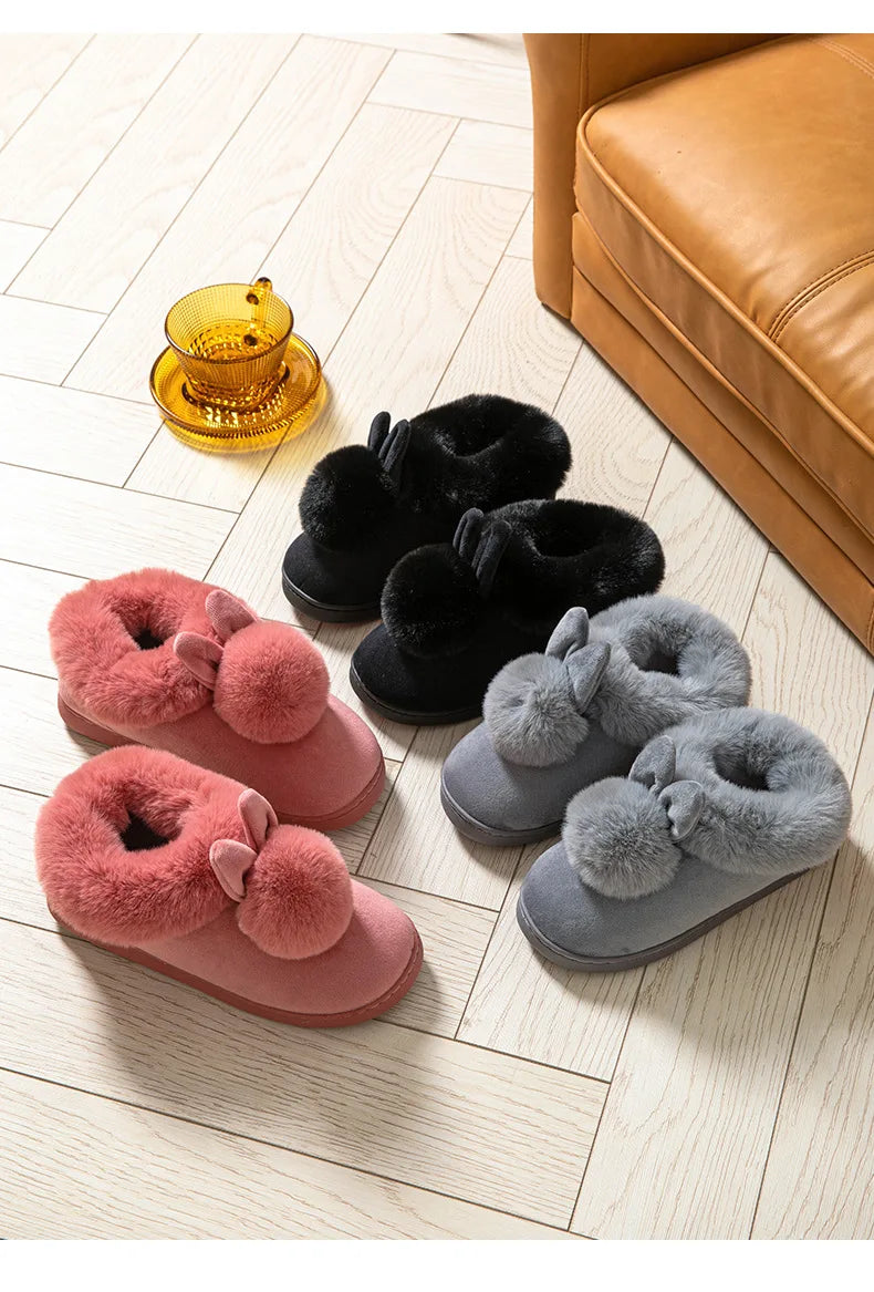 Comwarm Women's Warm Fuzzy Slippers Long Ears Couple Winter Thickened Plush Slippers Indoor Comfort Fluffy Slippers Cotton Shoes