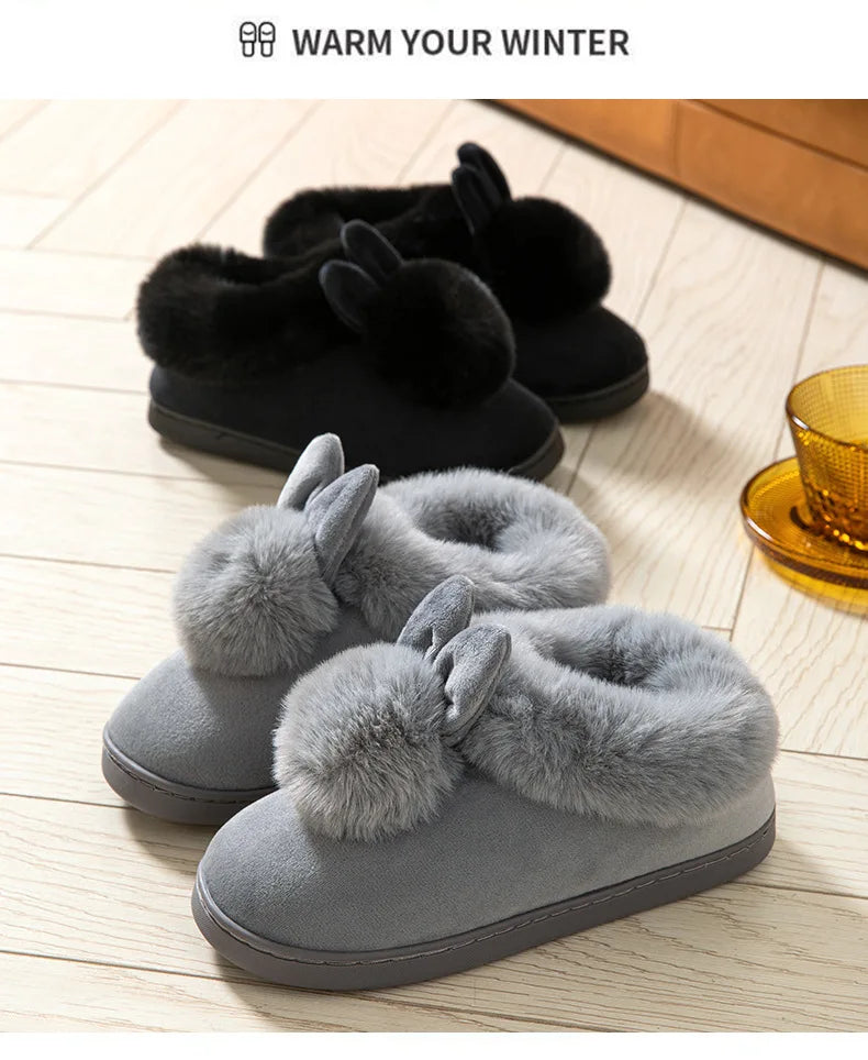 Comwarm Women's Warm Fuzzy Slippers Long Ears Couple Winter Thickened Plush Slippers Indoor Comfort Fluffy Slippers Cotton Shoes
