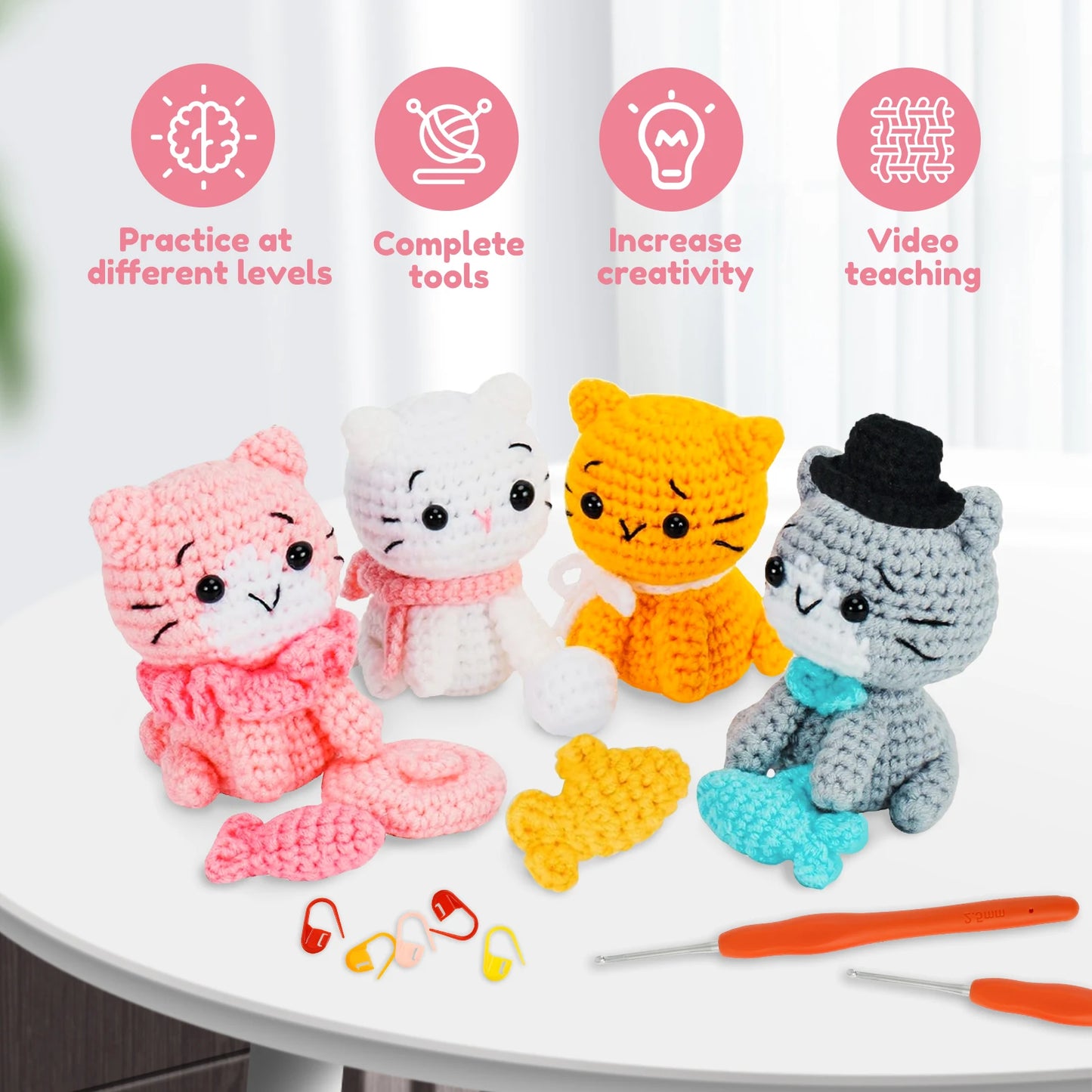 4Pcs Crochet Kit with Yarn Knitting Crochet Hook for Beginners Kids DIY Knitting Craft Kit Fun Cat Unfinished Material Package