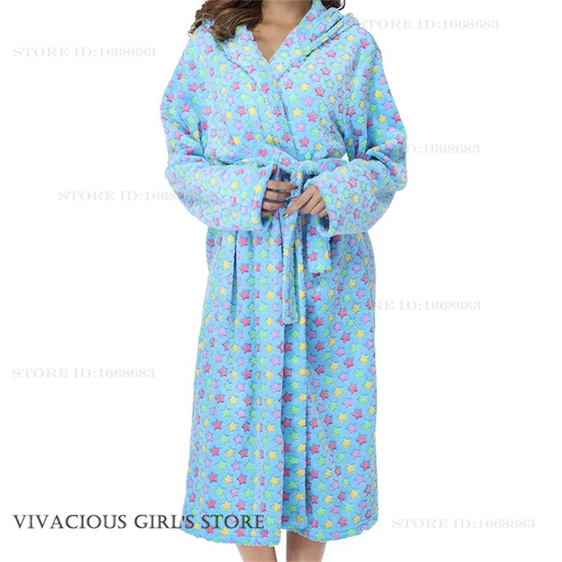 Flannel Long Robe for Women Autumn Winter Fashion Bathrobe Homewear Loose Casual Nightgown Sleepwear Coral Fleece Loungewear