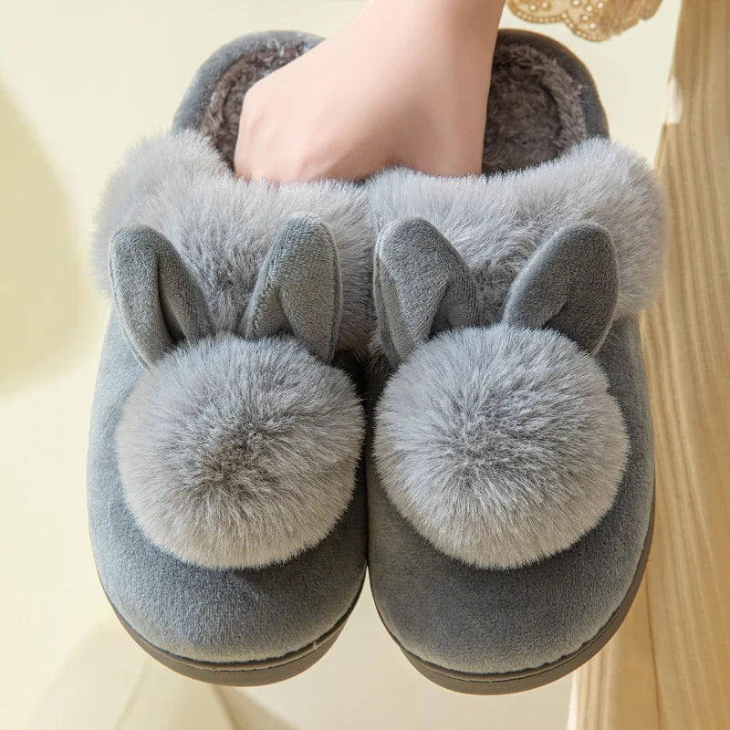 Comwarm Women's Warm Fuzzy Slippers Long Ears Couple Winter Thickened Plush Slippers Indoor Comfort Fluffy Slippers Cotton Shoes