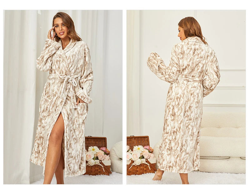 Flannel Long Robe for Women Autumn Winter Fashion Bathrobe Homewear Loose Casual Nightgown Sleepwear Coral Fleece Loungewear