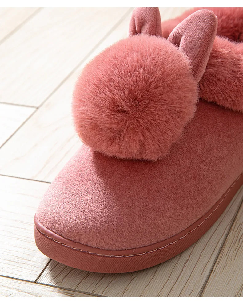 Comwarm Women's Warm Fuzzy Slippers Long Ears Couple Winter Thickened Plush Slippers Indoor Comfort Fluffy Slippers Cotton Shoes