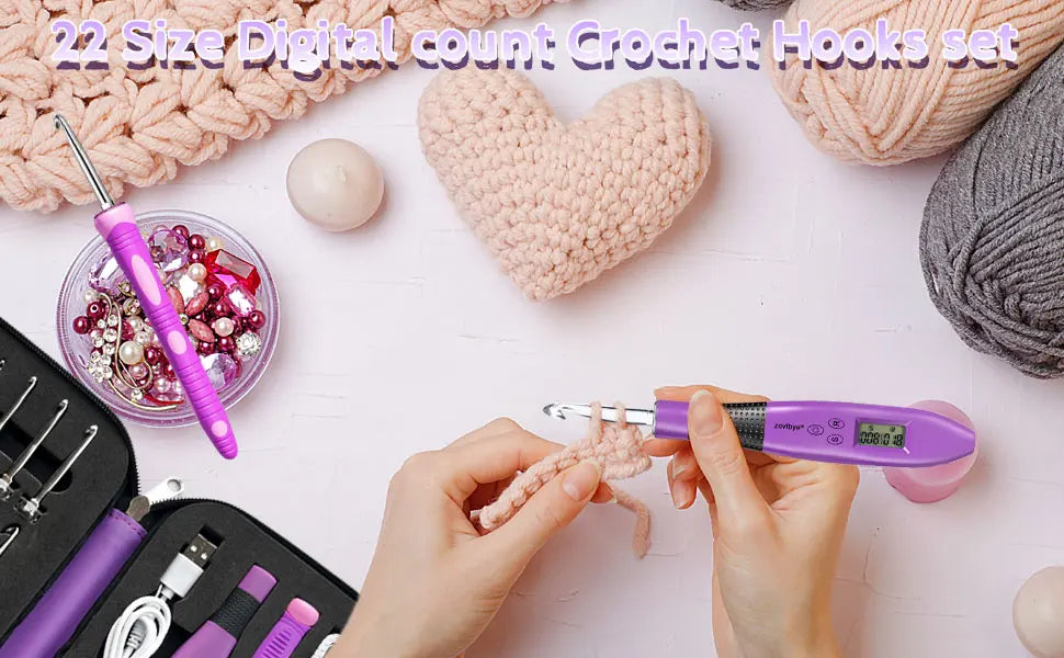 24pcs Crochet Hook Set with Counter LED Light & Stitch Ergonomic knitting needle Sewing Tools Set DIY Weaving Sweater Tool